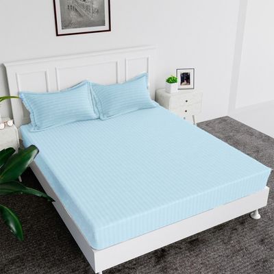 Extra Deep Fitted Bed Sheet +2Pcs Pillow Covers, Queen (150x200+30CM), Color Sky blue