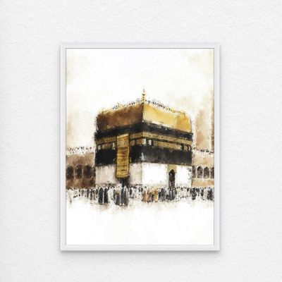 Framed Islamic Wall Art of Kabah, Holy Kabaah Painting, Wall Decor for Living Room and Bedroom, Framed Fine Art L3xW30xH40 - White Frame