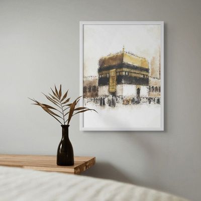 Framed Islamic Wall Art of Kabah, Holy Kabaah Painting, Wall Decor for Living Room and Bedroom, Framed Fine Art L3xW60xH80 - White Frame