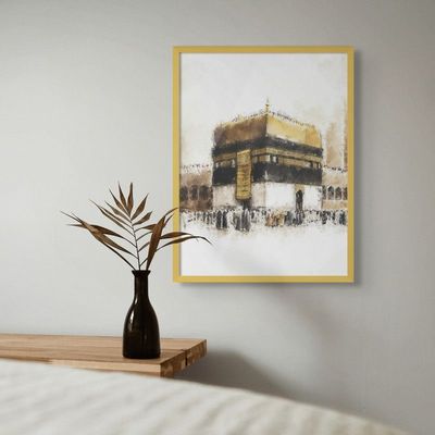 Framed Islamic Wall Art of Kabah, Holy Kabaah Painting, Wall Decor for Living Room and Bedroom, Framed Fine Art L3xW45xH60 - Champagne Gold Frame