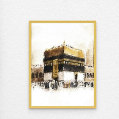 Framed Islamic Wall Art of Kabah, Holy Kabaah Painting, Wall Decor for Living Room and Bedroom, Framed Fine Art L3xW75xH100 - Champagne Gold Frame