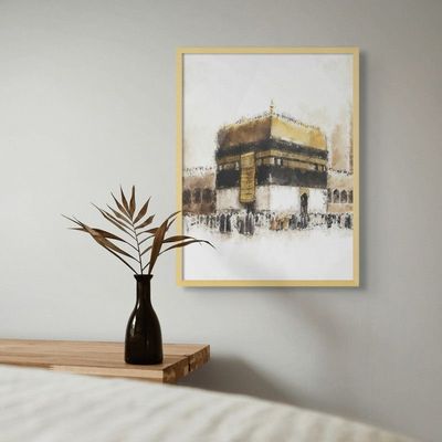 Framed Islamic Wall Art of Kabah, Holy Kabaah Painting, Wall Decor for Living Room and Bedroom, Framed Fine Art L3xW60xH80 - Light Oak Frame
