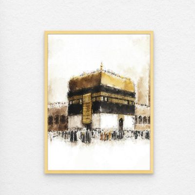 Framed Islamic Wall Art of Kabah, Holy Kabaah Painting, Wall Decor for Living Room and Bedroom, Framed Fine Art L3xW75xH100 - Light Oak Frame