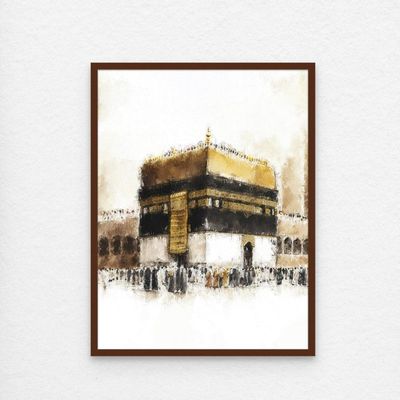 Framed Islamic Wall Art of Kabah, Holy Kabaah Painting, Wall Decor for Living Room and Bedroom, Framed Fine Art L3xW75xH100 - Dark Oak Frame