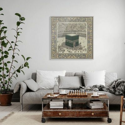 Framed Islamic Wall Art of Kabah, Holy Mosque of Makkah, Holy Kabaah Vintage Painting, Wall Decor for Living Room and Bedroom, Framed Fine Art L3xW60xH60 - Silver Frame