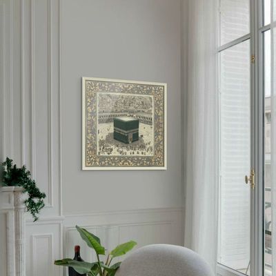 Framed Islamic Wall Art of Kabah, Holy Mosque of Makkah, Holy Kabaah Vintage Painting, Wall Decor for Living Room and Bedroom, Framed Fine Art L3xW100xH100 - Champagne Gold Frame