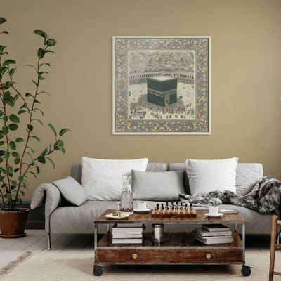Framed Islamic Wall Art of Kabah, Holy Mosque of Makkah, Holy Kabaah Vintage Painting, Wall Decor for Living Room and Bedroom, Framed Fine Art L3xW100xH100 - Champagne Gold Frame