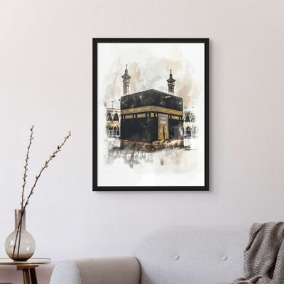 Framed Islamic Wall Art of Kabah, Holy Kabaah Painting, Wall Decor for Living Room and Bedroom, Framed Fine Art L3xW75xH100 - Black Frame