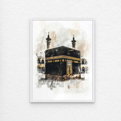 Framed Islamic Wall Art of Kabah, Holy Kabaah Painting, Wall Decor for Living Room and Bedroom, Framed Fine Art L3xW45xH60 - White Frame