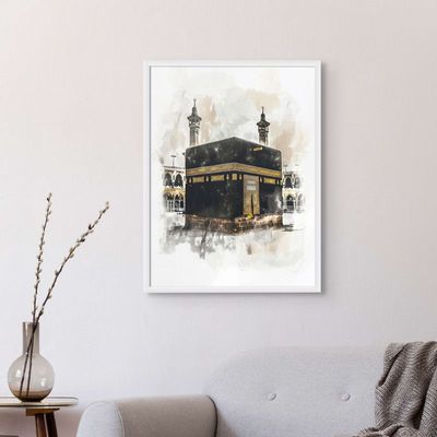 Framed Islamic Wall Art of Kabah, Holy Kabaah Painting, Wall Decor for Living Room and Bedroom, Framed Fine Art L3xW60xH80 - White Frame