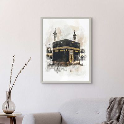 Framed Islamic Wall Art of Kabah, Holy Kabaah Painting, Wall Decor for Living Room and Bedroom, Framed Fine Art L3xW45xH60 - Silver Frame