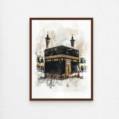Framed Islamic Wall Art of Kabah, Holy Kabaah Painting, Wall Decor for Living Room and Bedroom, Framed Fine Art L3xW30xH40 - Dark Oak Frame