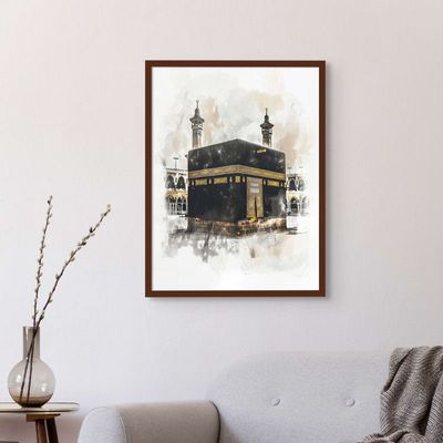 Framed Islamic Wall Art of Kabah, Holy Kabaah Painting, Wall Decor for Living Room and Bedroom, Framed Fine Art L3xW60xH80 - Dark Oak Frame