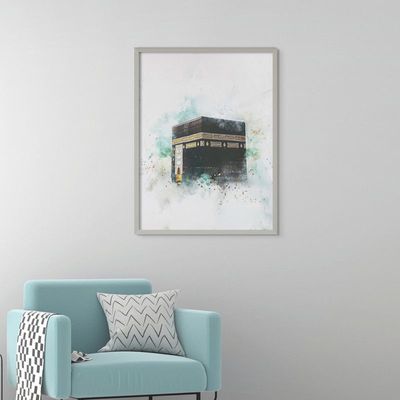 Framed Islamic Wall Art of Kabah, Holy Kabaah Painting, Wall Decor for Living Room and Bedroom, Framed Fine Art L3xW75xH100 - Silver Frame