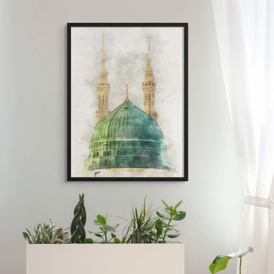 Framed Islamic Wall Art of Madinah Mosque, Masjid un Nabawi Painting, Wall Decor for Living Room and Bedroom, Framed Fine Art L3xW75xH100 - Black Frame