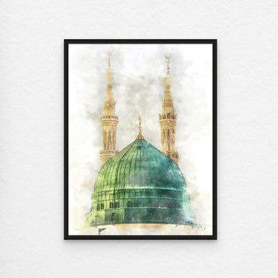 Framed Islamic Wall Art of Madinah Mosque, Masjid un Nabawi Painting, Wall Decor for Living Room and Bedroom, Framed Fine Art L3xW75xH100 - Black Frame