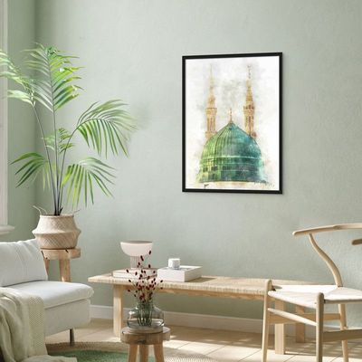 Framed Islamic Wall Art of Madinah Mosque, Masjid un Nabawi Painting, Wall Decor for Living Room and Bedroom, Framed Fine Art L3xW75xH100 - Black Frame