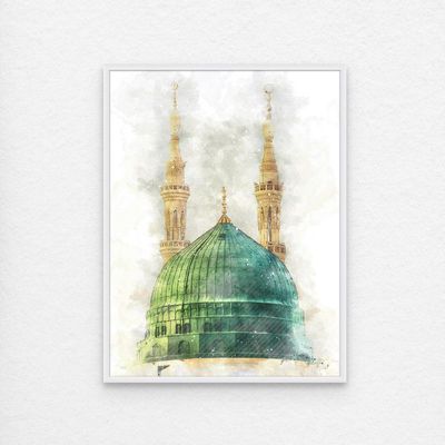 Framed Islamic Wall Art of Madinah Mosque, Masjid un Nabawi Painting, Wall Decor for Living Room and Bedroom, Framed Fine Art L3xW45xH60 - White Frame