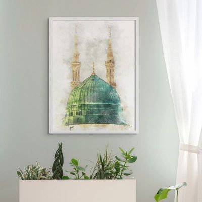Framed Islamic Wall Art of Madinah Mosque, Masjid un Nabawi Painting, Wall Decor for Living Room and Bedroom, Framed Fine Art L3xW75xH100 - White Frame
