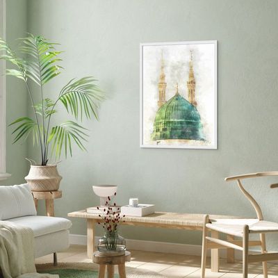 Framed Islamic Wall Art of Madinah Mosque, Masjid un Nabawi Painting, Wall Decor for Living Room and Bedroom, Framed Fine Art L3xW75xH100 - White Frame