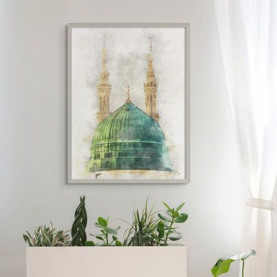 Framed Islamic Wall Art of Madinah Mosque, Masjid un Nabawi Painting, Wall Decor for Living Room and Bedroom, Framed Fine Art L3xW45xH60 - Silver Frame