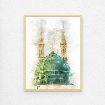 Framed Islamic Wall Art of Madinah Mosque, Masjid un Nabawi Painting, Wall Decor for Living Room and Bedroom, Framed Fine Art L3xW30xH40 - Light Oak Frame