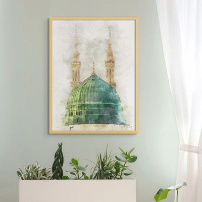 Framed Islamic Wall Art of Madinah Mosque, Masjid un Nabawi Painting, Wall Decor for Living Room and Bedroom, Framed Fine Art L3xW60xH80 - Light Oak Frame