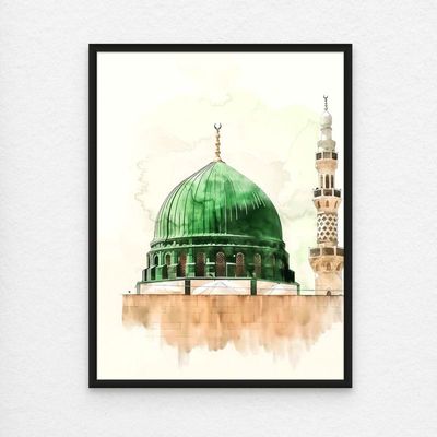Framed Islamic Wall Art of Madinah Mosque, Masjid un Nabawi Painting, Wall Decor for Living Room and Bedroom, Framed Fine Art L3xW45xH60 - Black Frame
