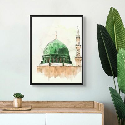 Framed Islamic Wall Art of Madinah Mosque, Masjid un Nabawi Painting, Wall Decor for Living Room and Bedroom, Framed Fine Art L3xW60xH80 - Black Frame
