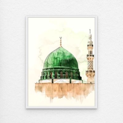 Framed Islamic Wall Art of Madinah Mosque, Masjid un Nabawi Painting, Wall Decor for Living Room and Bedroom, Framed Fine Art L3xW60xH80 - White Frame