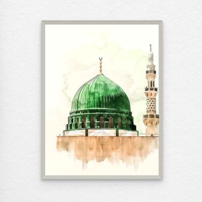 Framed Islamic Wall Art of Madinah Mosque, Masjid un Nabawi Painting, Wall Decor for Living Room and Bedroom, Framed Fine Art L3xW30xH40 - Silver Frame