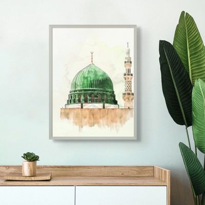 Framed Islamic Wall Art of Madinah Mosque, Masjid un Nabawi Painting, Wall Decor for Living Room and Bedroom, Framed Fine Art L3xW60xH80 - Silver Frame