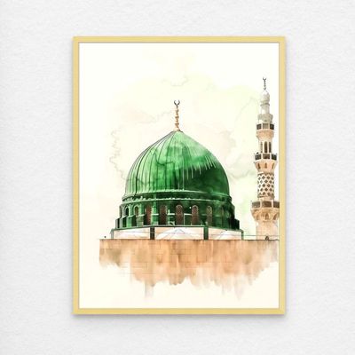 Framed Islamic Wall Art of Madinah Mosque, Masjid un Nabawi Painting, Wall Decor for Living Room and Bedroom, Framed Fine Art L3xW60xH80 - Light Oak Frame
