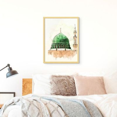 Framed Islamic Wall Art of Madinah Mosque, Masjid un Nabawi Painting, Wall Decor for Living Room and Bedroom, Framed Fine Art L3xW75xH100 - Light Oak Frame