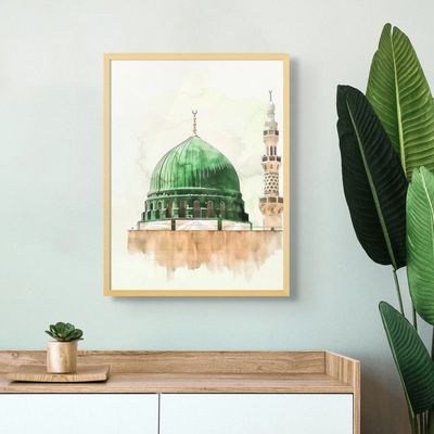 Framed Islamic Wall Art of Madinah Mosque, Masjid un Nabawi Painting, Wall Decor for Living Room and Bedroom, Framed Fine Art L3xW75xH100 - Light Oak Frame