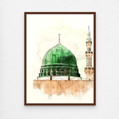 Framed Islamic Wall Art of Madinah Mosque, Masjid un Nabawi Painting, Wall Decor for Living Room and Bedroom, Framed Fine Art L3xW30xH40 - Dark Oak Frame