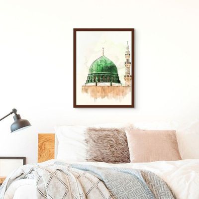 Framed Islamic Wall Art of Madinah Mosque, Masjid un Nabawi Painting, Wall Decor for Living Room and Bedroom, Framed Fine Art L3xW75xH100 - Dark Oak Frame