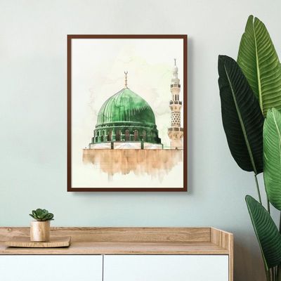 Framed Islamic Wall Art of Madinah Mosque, Masjid un Nabawi Painting, Wall Decor for Living Room and Bedroom, Framed Fine Art L3xW75xH100 - Dark Oak Frame