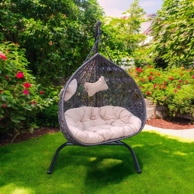 Wooden Twist Hanging Egg Swing Chair with Stand Egg Chair Wicker Indoor Outdoor Hammock Egg Chair with Cushions 550lbs for Patio, Bedroom, Garden and Balcony