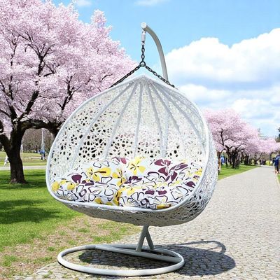Wooden Twist Two Seater Kozaka Hanging Egg Swing Chair Wicker with Stand Outdoor Hammock with Cushion 550lbs for Patio, Garden, and Balcony ( White )