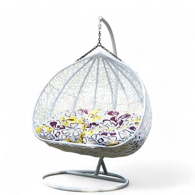 Wooden Twist Two Seater Kozaka Hanging Egg Swing Chair Wicker with Stand Outdoor Hammock with Cushion 550lbs for Patio, Garden, and Balcony ( White )