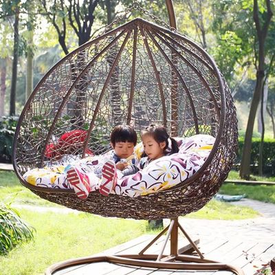 Wooden Twist Kozaka Wicker Hanging Egg Swing Chair with Stand Outdoor Hammock with Cushion 550lbs for Patio, Garden, and Balcony ( Bronze )