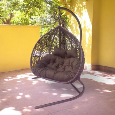 Wooden Twist Styloo Hanging Egg Swing Chair with Stand, Wicker Hammock with Cushion, 550lbs Capacity, Outdoor Patio, Garden, and Balcony Relaxing Chair ( Brown )
