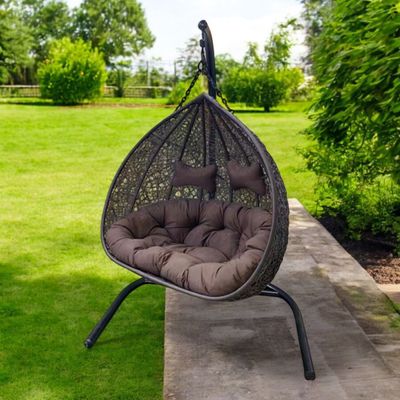 Wooden Twist Styloo Hanging Egg Swing Chair with Stand, Wicker Hammock with Cushion, 550lbs Capacity, Outdoor Patio, Garden, and Balcony Relaxing Chair ( Brown )