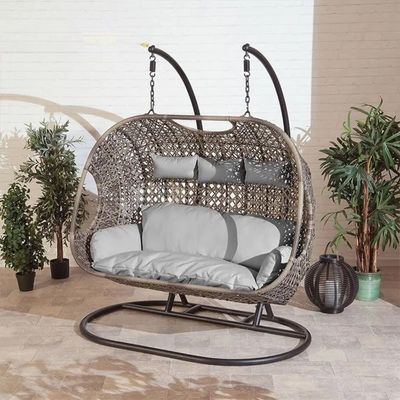Wooden Twist Wicker Outdoor Patio 3-Seater Hanging Swing with Stand and Cushion for Garden, Balcony, and Bedroom