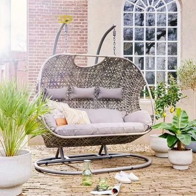 Wooden Twist Wicker Outdoor Patio 3-Seater Hanging Swing with Stand and Cushion for Garden, Balcony, and Bedroom