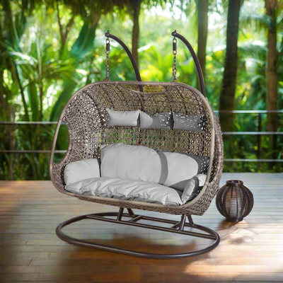 Wooden Twist Wicker Outdoor Patio 3-Seater Hanging Swing with Stand and Cushion for Garden, Balcony, and Bedroom