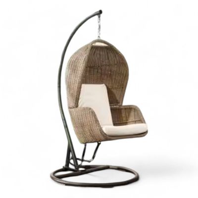 Wooden Twist Escyz Wicker Relaxation Patio Hanging Egg Swing with Stand and Cushion for Garden, Balcony, and Bedroom
