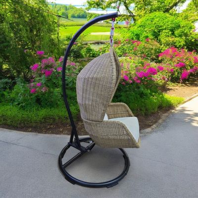 Wooden Twist Escyz Wicker Relaxation Patio Hanging Egg Swing with Stand and Cushion for Garden, Balcony, and Bedroom