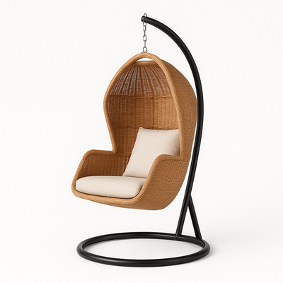 Escyz Wicker Relaxation Patio Hanging Egg Swing with Stand and Cushion for Garden, Balcony, and Bedroom